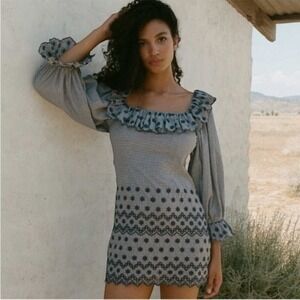 Doen Franique Dress in Azure Paris Gingham Check Floral Embroidery